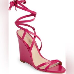 New Schutz Hot Pink Deonne Ankle Wrap Strappy Wedge Sandal size 8